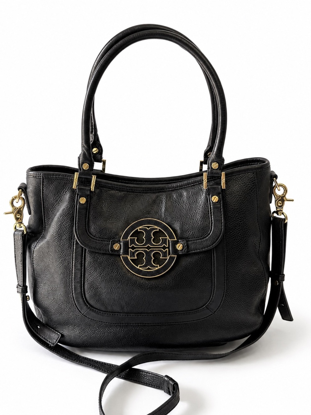 Tory Burch Amanda Large Black Pebbled Leather Tote Shoulder Bag Gold Hardware